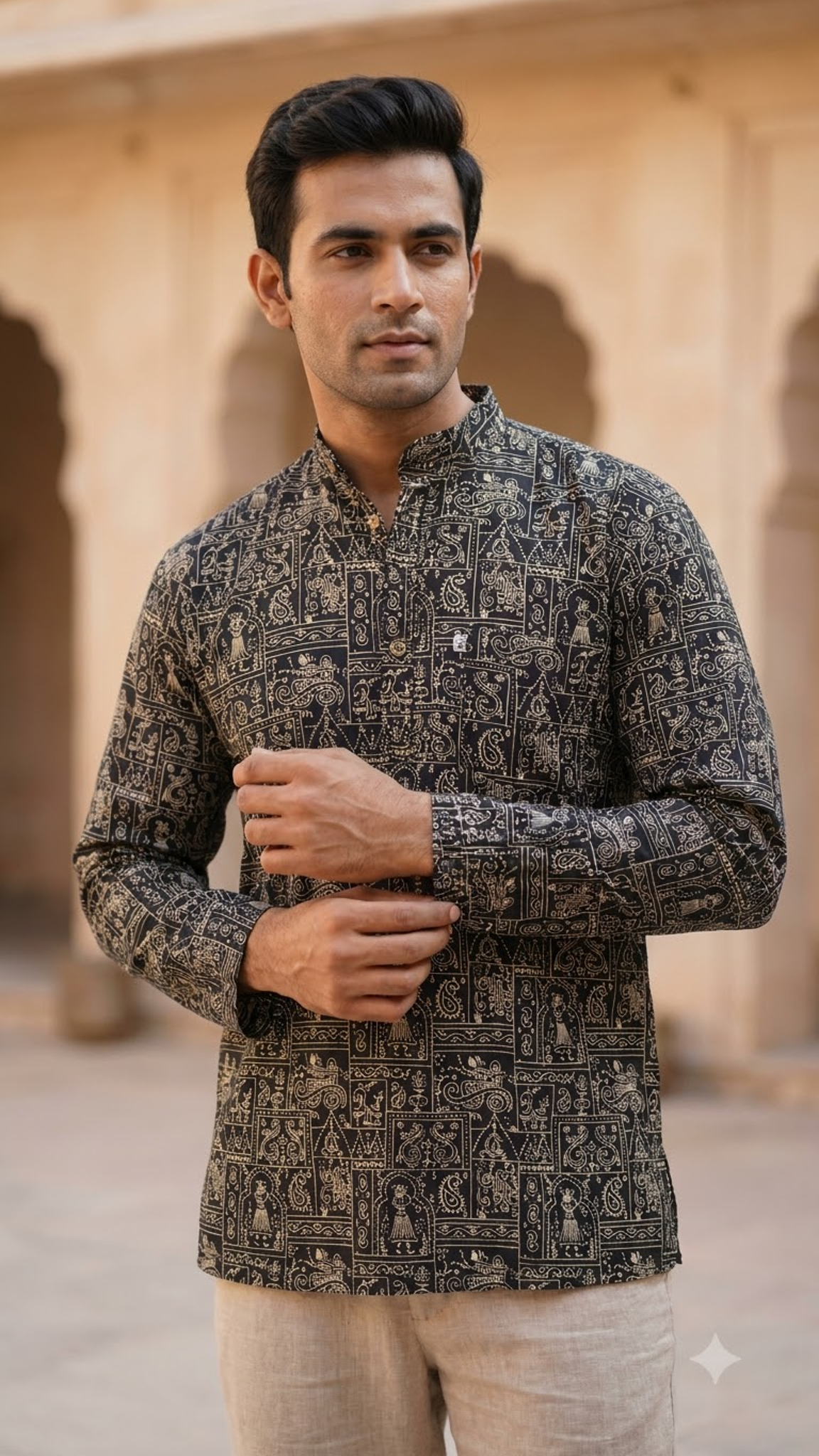 Black Triple Warli Art Men’s Full Sleeves Short Kurta