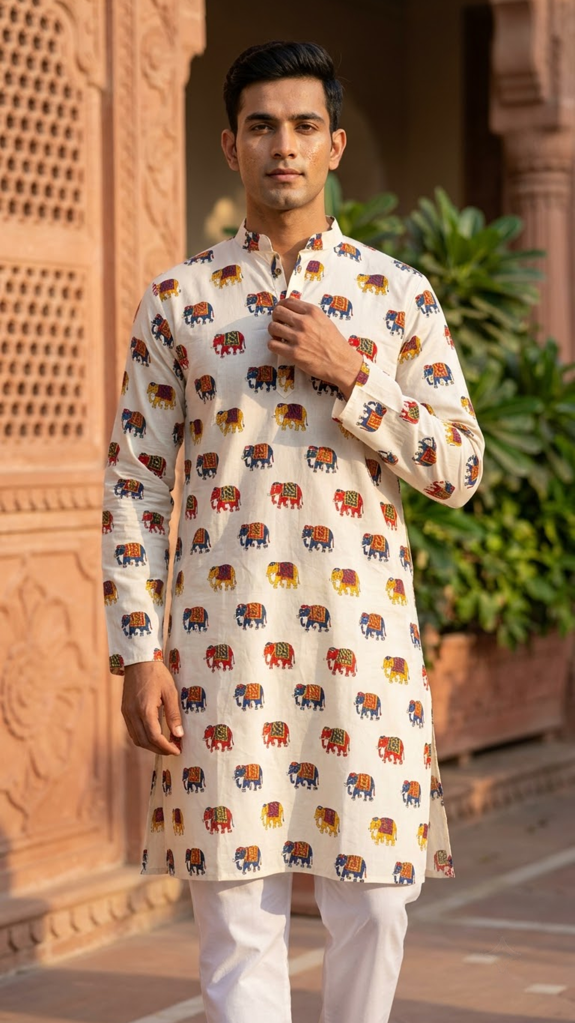 Off White Multicolour Elephant Printed Full Sleeves Long Kurta for Men