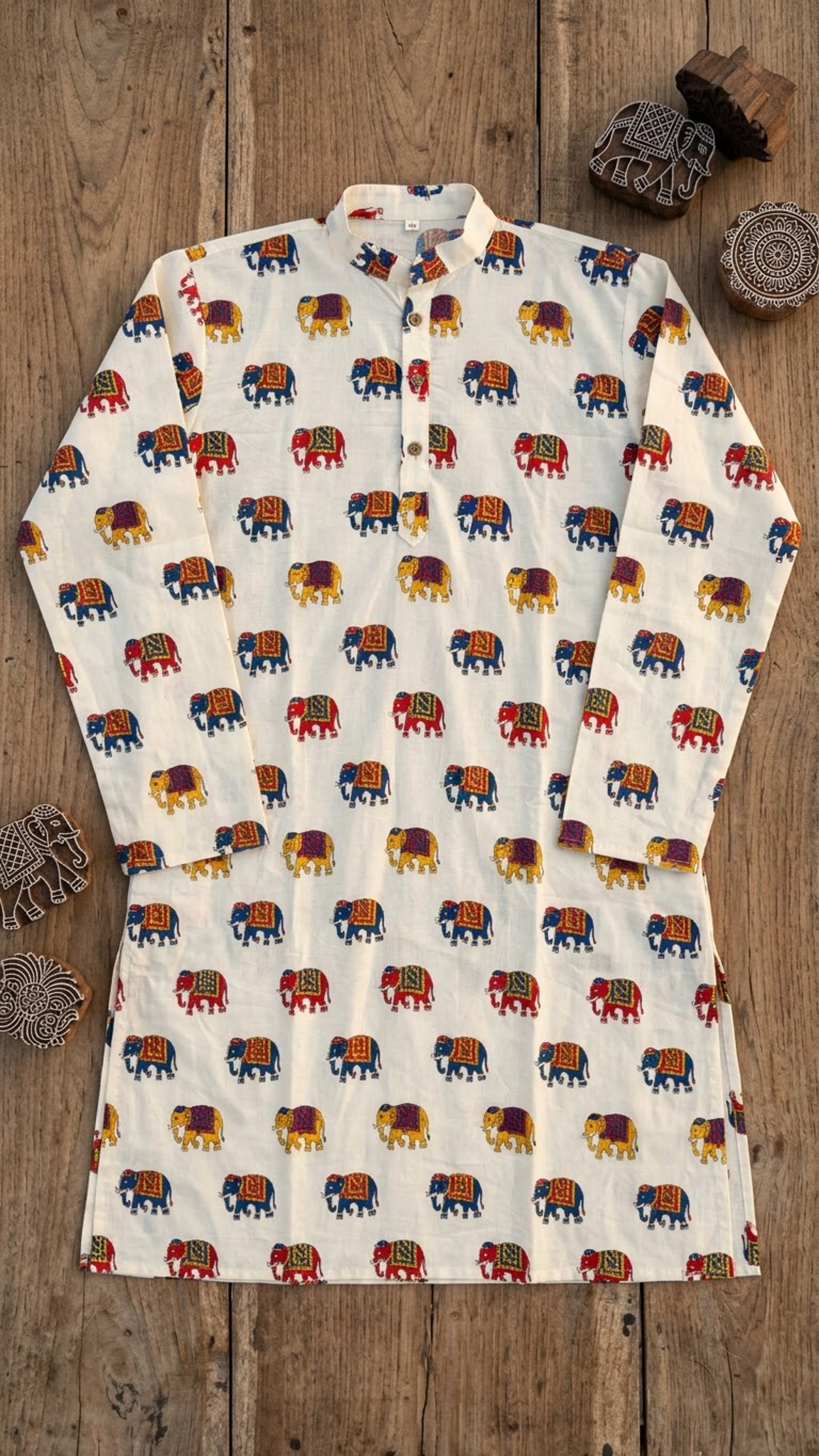 Off White Multicolour Elephant Printed Full Sleeves Long Kurta for Men