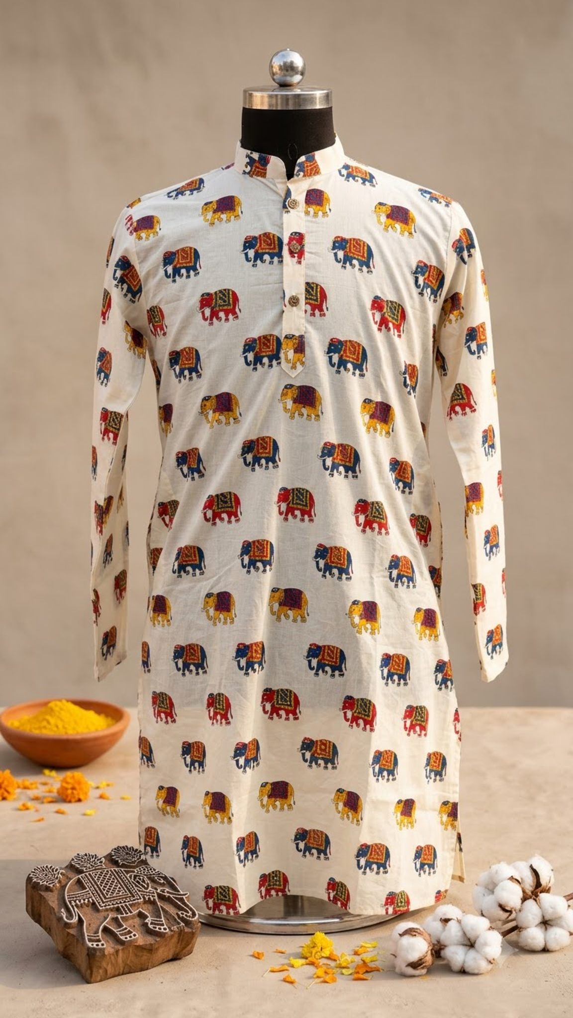 Off White Multicolour Elephant Printed Full Sleeves Long Kurta for Men