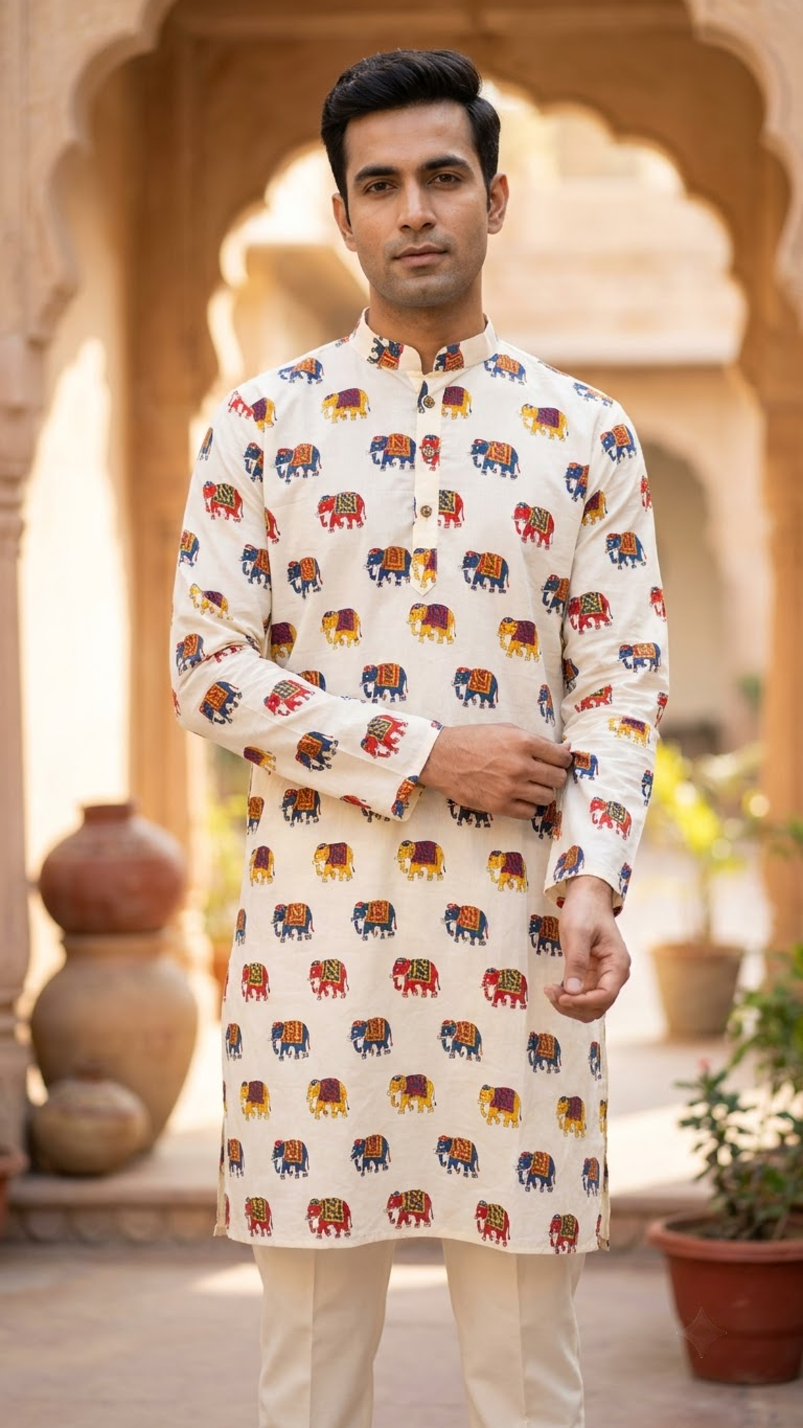 Off White Multicolour Elephant Printed Full Sleeves Long Kurta for Men