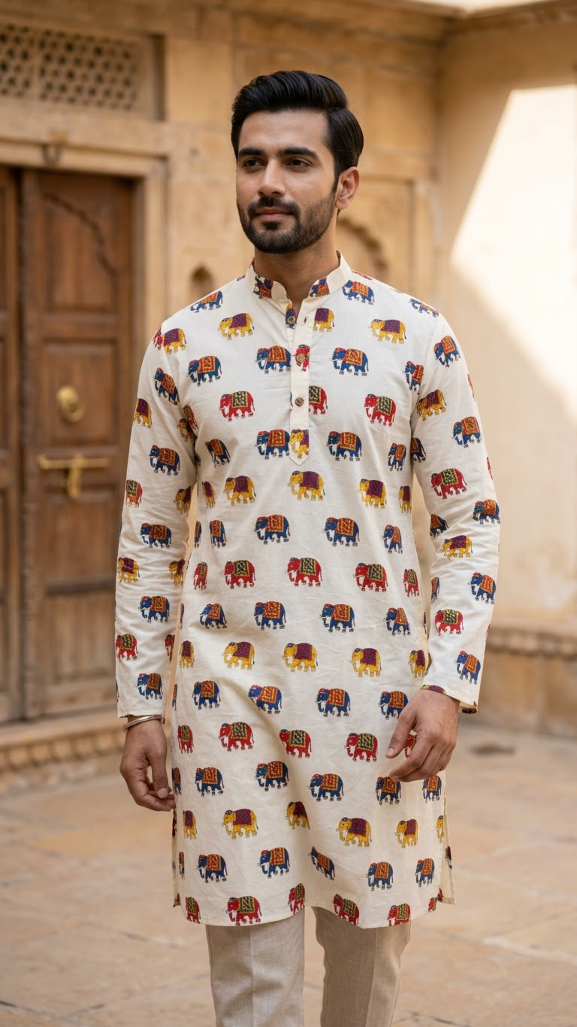 Off White Multicolour Elephant Printed Full Sleeves Long Kurta for Men