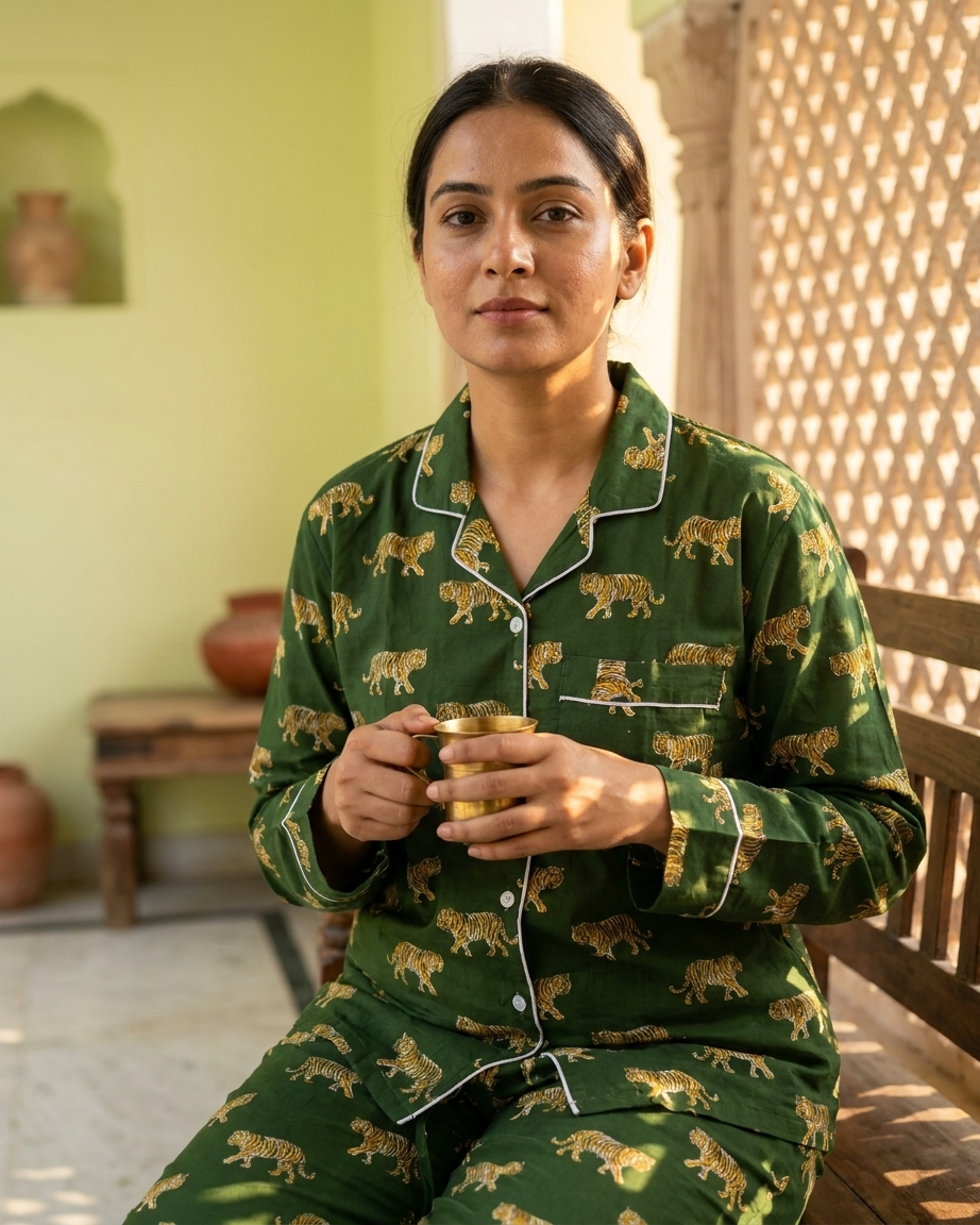 Green Tiger Print Cotton Night Suit for Women