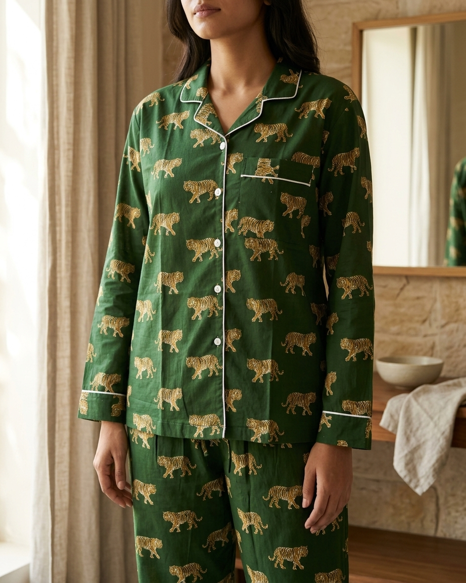 Green Tiger Print Cotton Night Suit for Women
