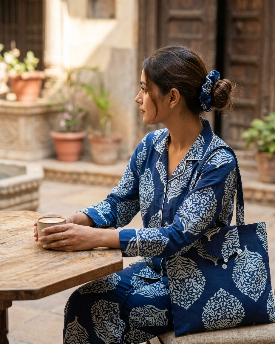 Navy Floral Cotton Night Suit for Women