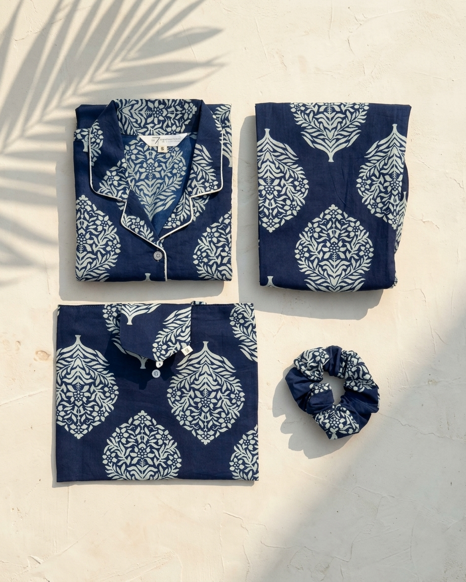 Navy Floral Cotton Night Suit for Women