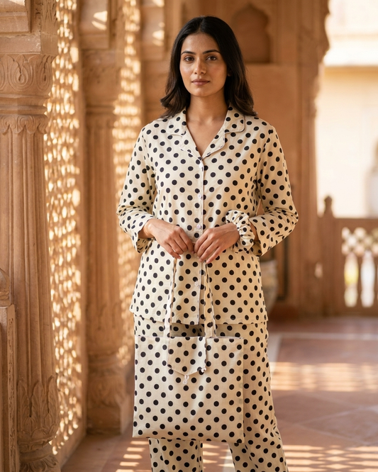 White Black Polka Dot Cotton Night Suit for Women