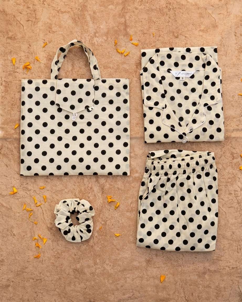 White Black Polka Dot Cotton Night Suit for Women