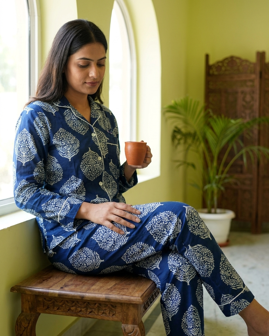 Navy Floral Cotton Night Suit for Women