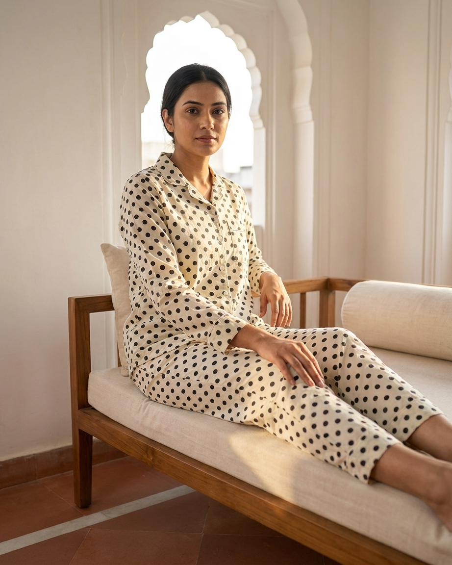 White Black Polka Dot Cotton Night Suit for Women