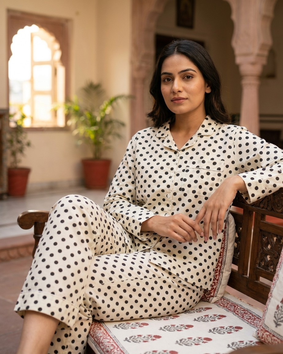 White Black Polka Dot Cotton Night Suit for Women