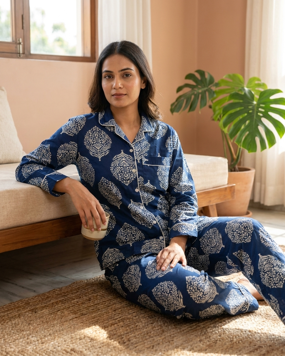 Navy Floral Cotton Night Suit for Women