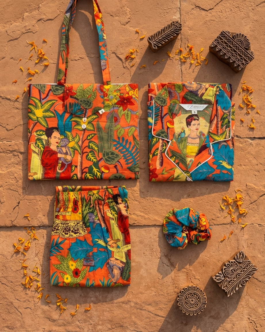 Orange Tropical Print Cotton Night Suit for Women