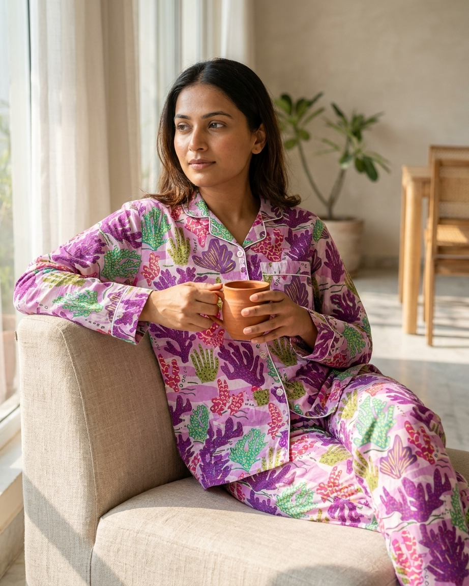 Purple Coral Print Women's Cotton Night Suit