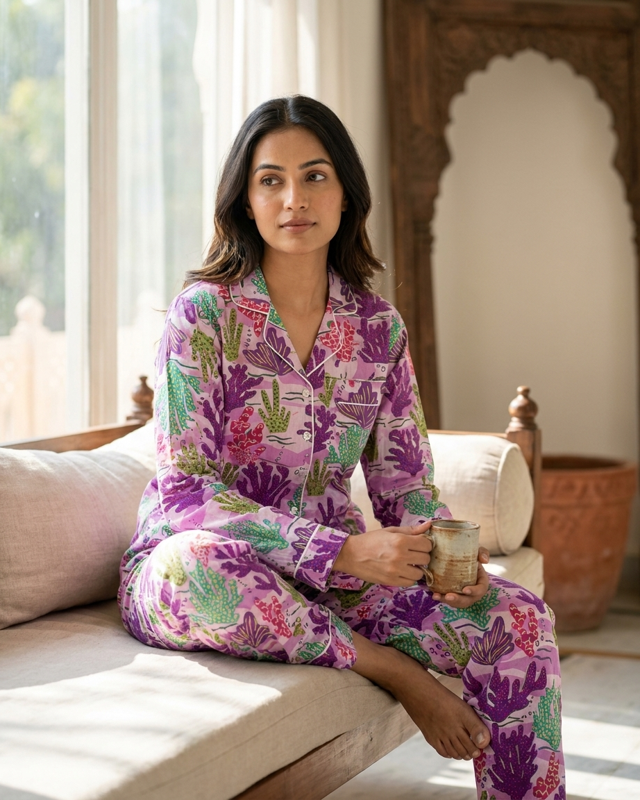 Purple Coral Print Women's Cotton Night Suit