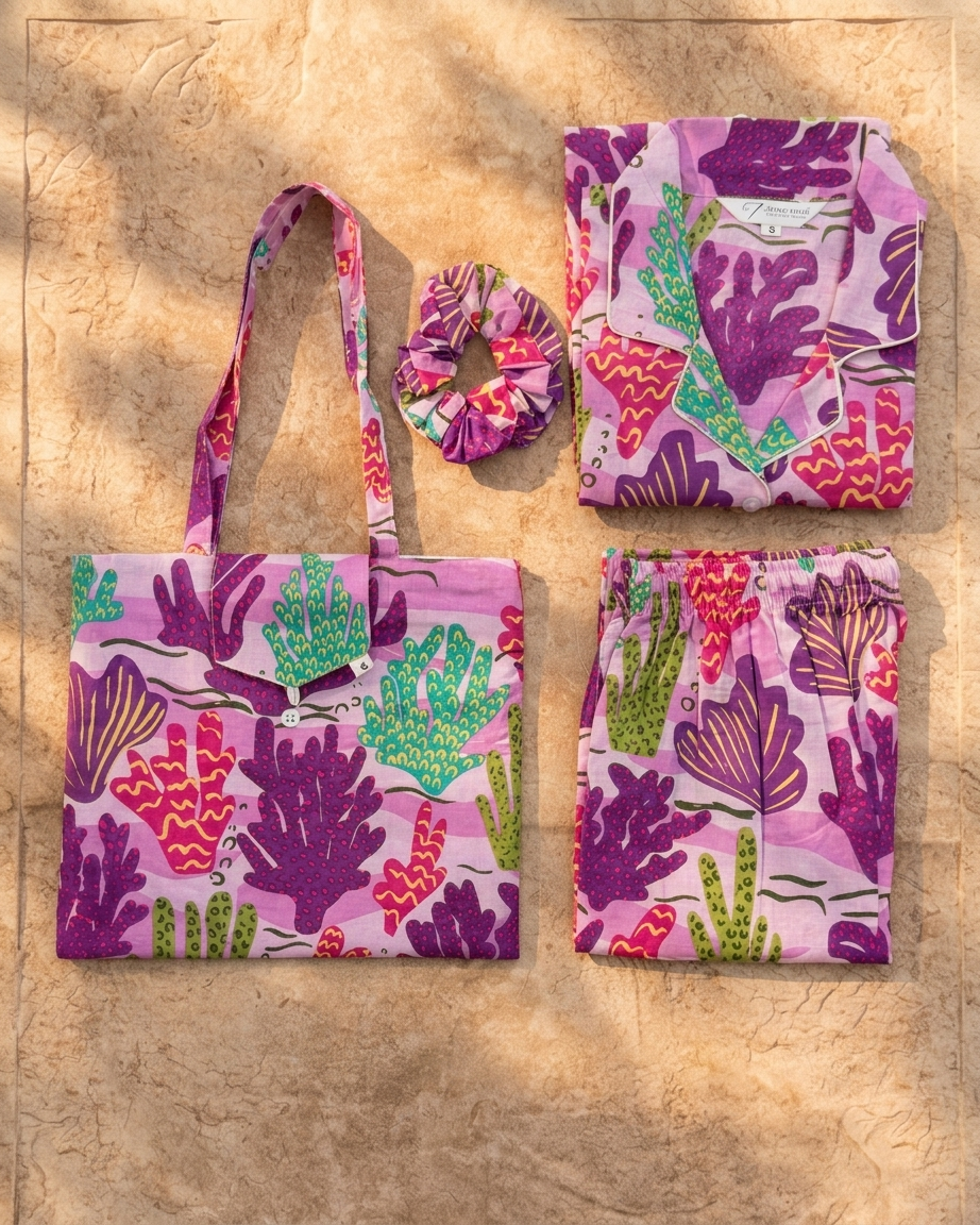 Purple Coral Print Women's Cotton Night Suit
