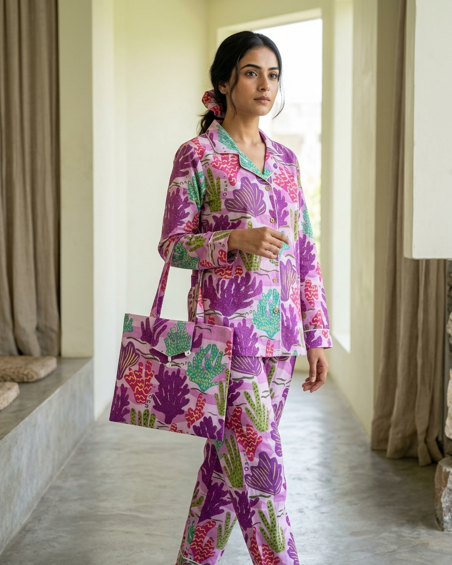 Purple Coral Print Women's Cotton Night Suit
