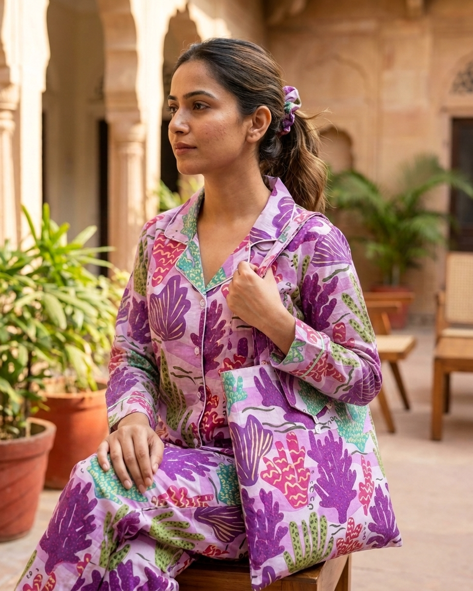 Purple Coral Print Women's Cotton Night Suit