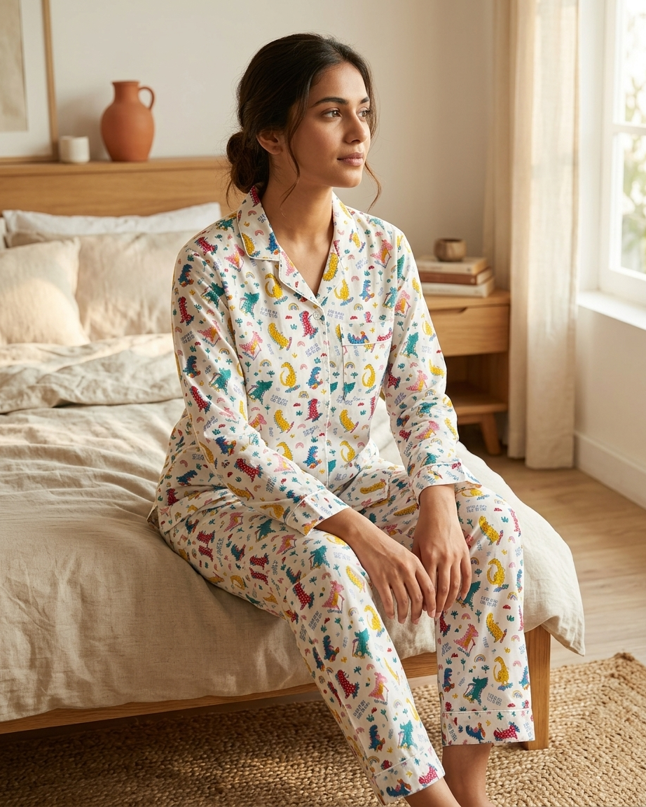 Multicolor Dinosaur Print Women's Cotton Night Suit