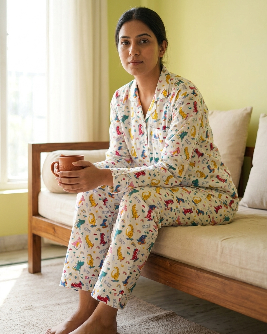 Multicolor Dinosaur Print Women's Cotton Night Suit