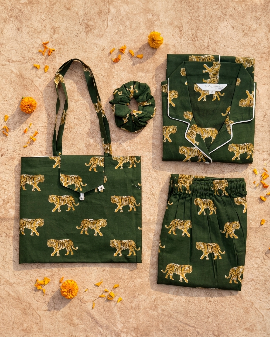 Green Tiger Print Cotton Night Suit for Women
