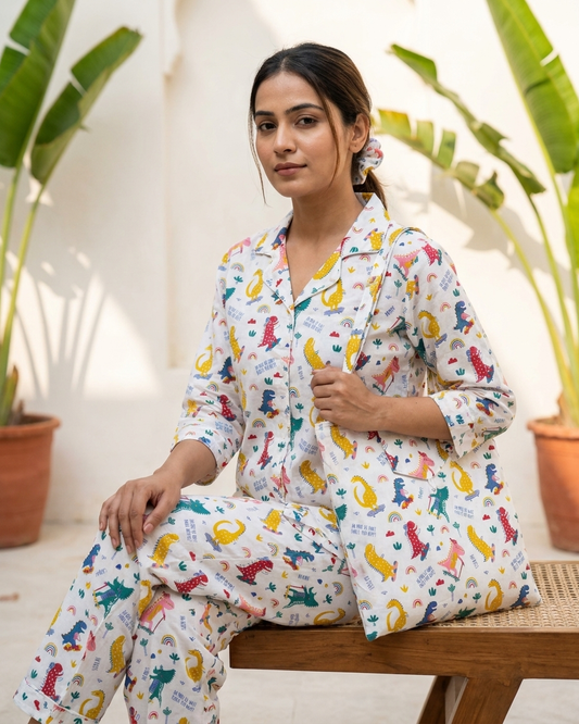 Multicolor Dinosaur Print Women's Cotton Night Suit