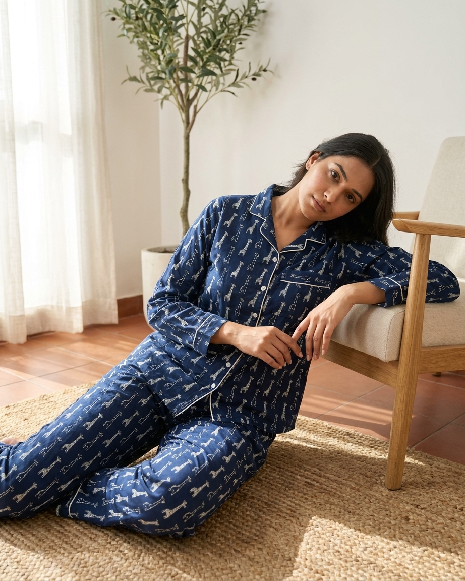 Navy Giraffe Print Women's Cotton Night Suit