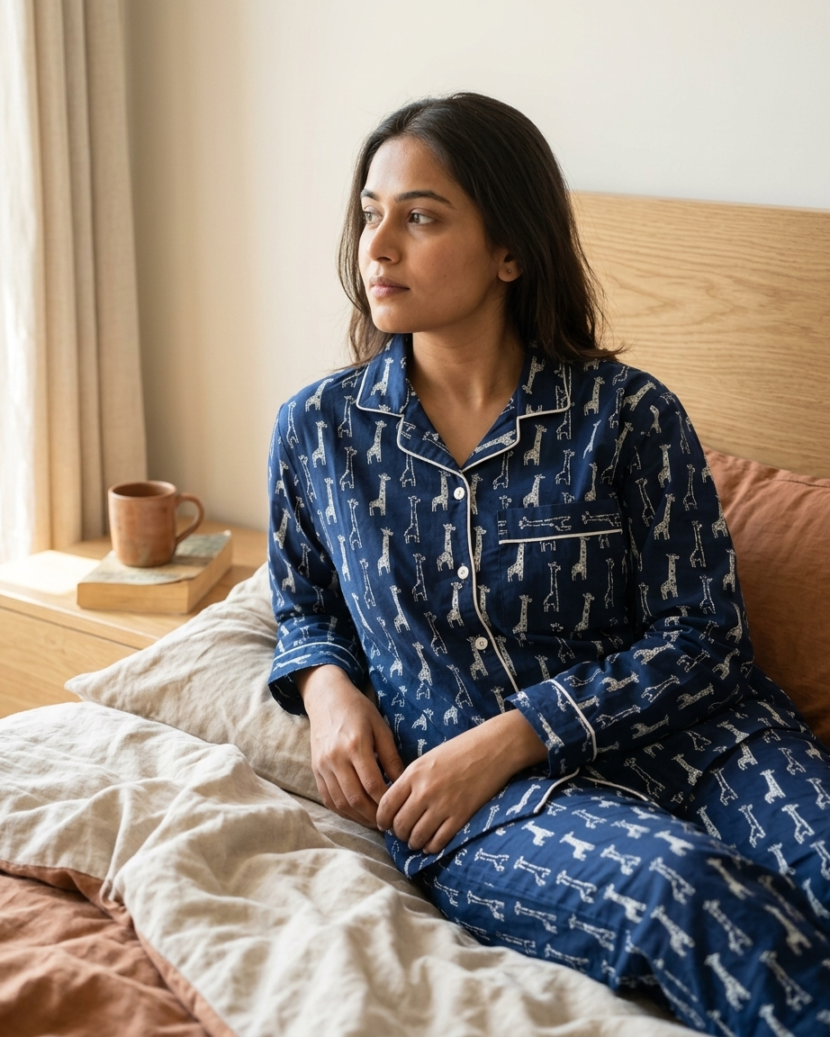 Navy Giraffe Print Women's Cotton Night Suit