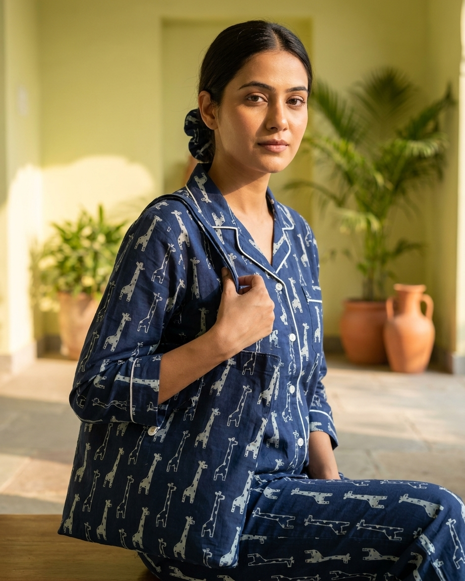 Navy Giraffe Print Women's Cotton Night Suit