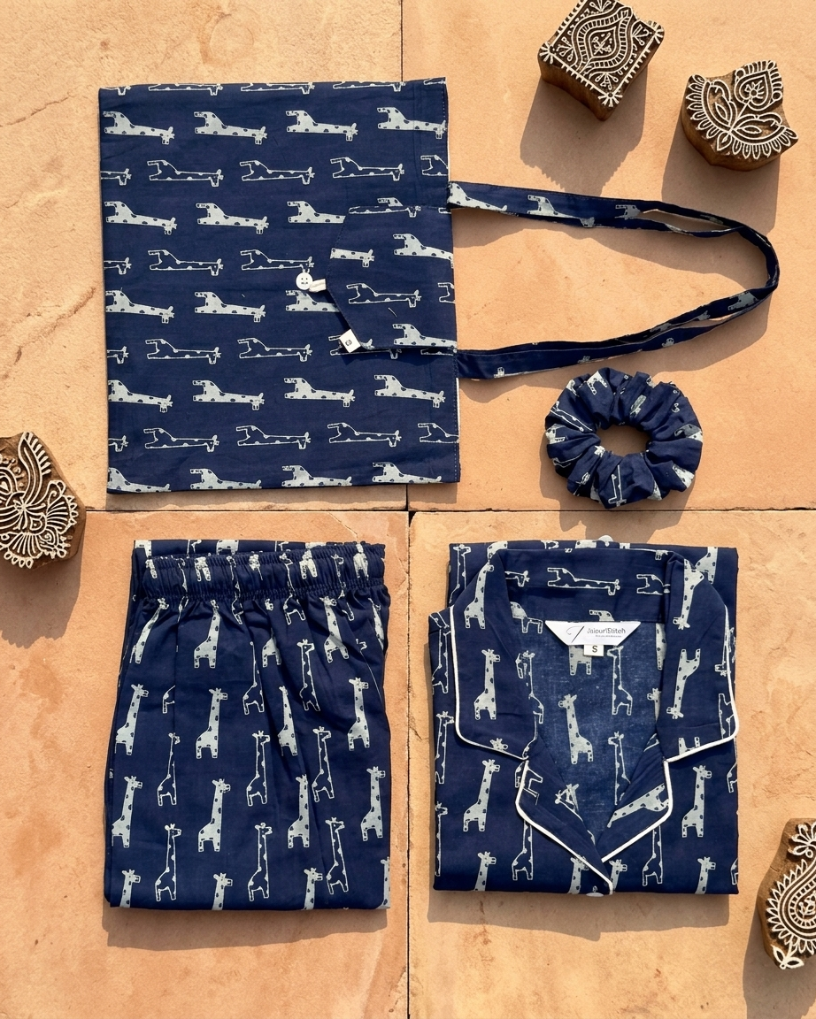 Navy Giraffe Print Women's Cotton Night Suit