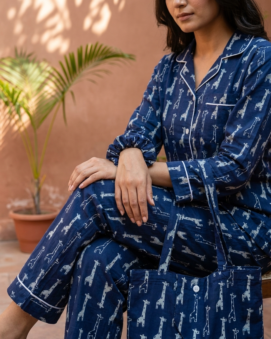 Navy Giraffe Print Women's Cotton Night Suit