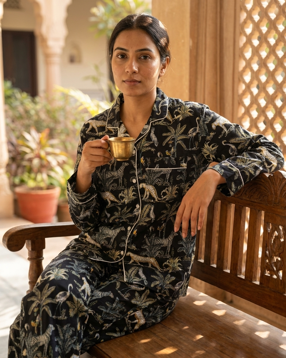 Black Jungle Print Cotton Night Suit for Women