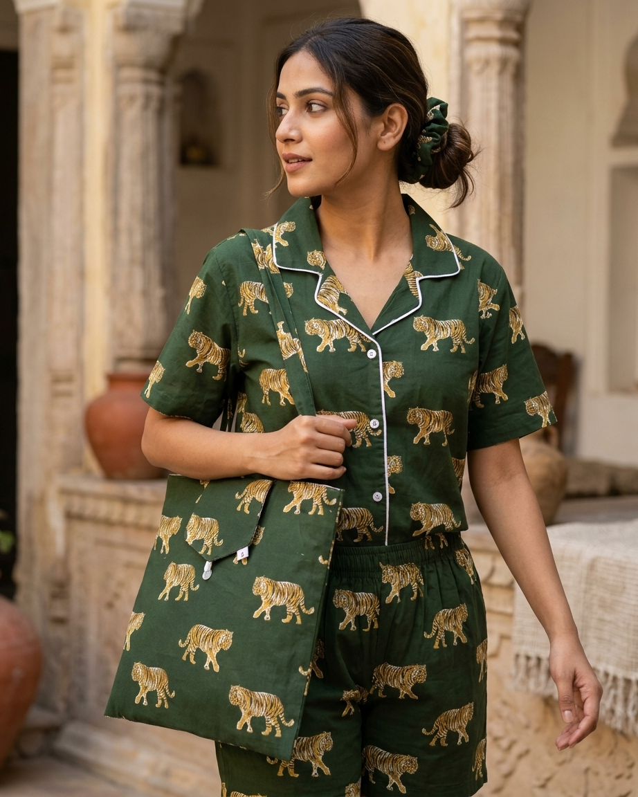 Green Tiger Print Cotton Night Suit for Women