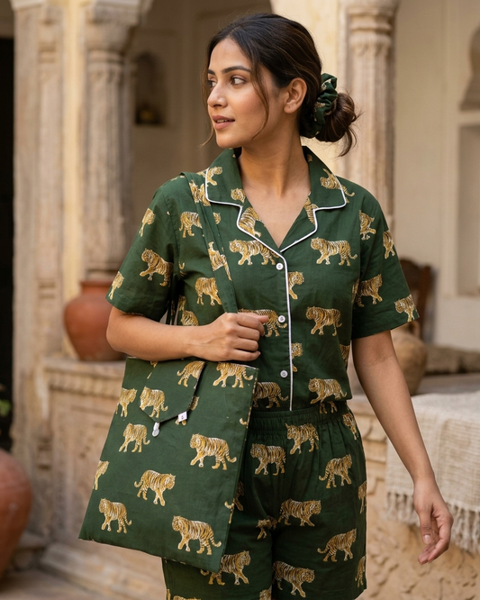 Green Tiger Print Cotton Night Suit for Women
