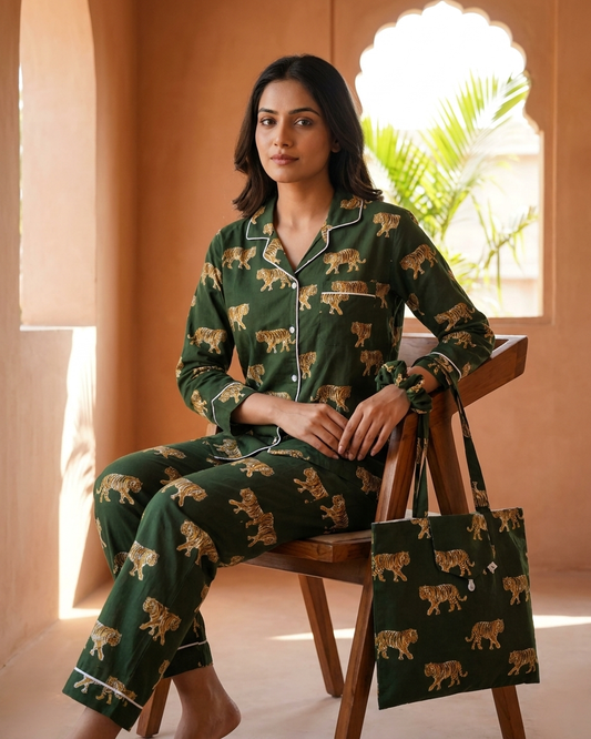 Green Tiger Print Cotton Night Suit for Women