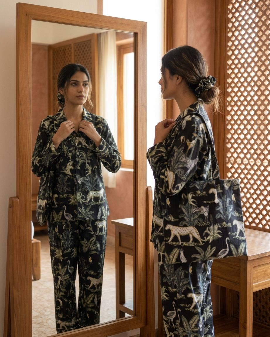 Black Jungle Print Cotton Night Suit for Women