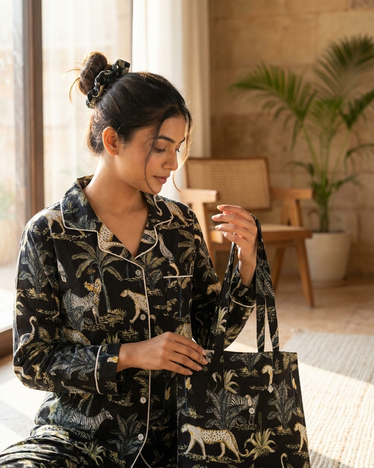 Black Jungle Print Cotton Night Suit for Women
