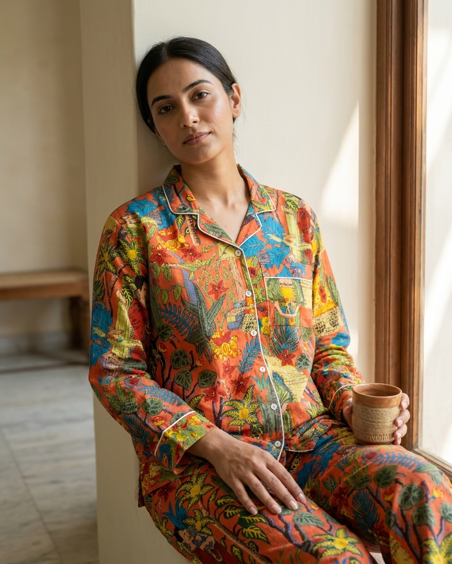 Orange Tropical Print Cotton Night Suit for Women
