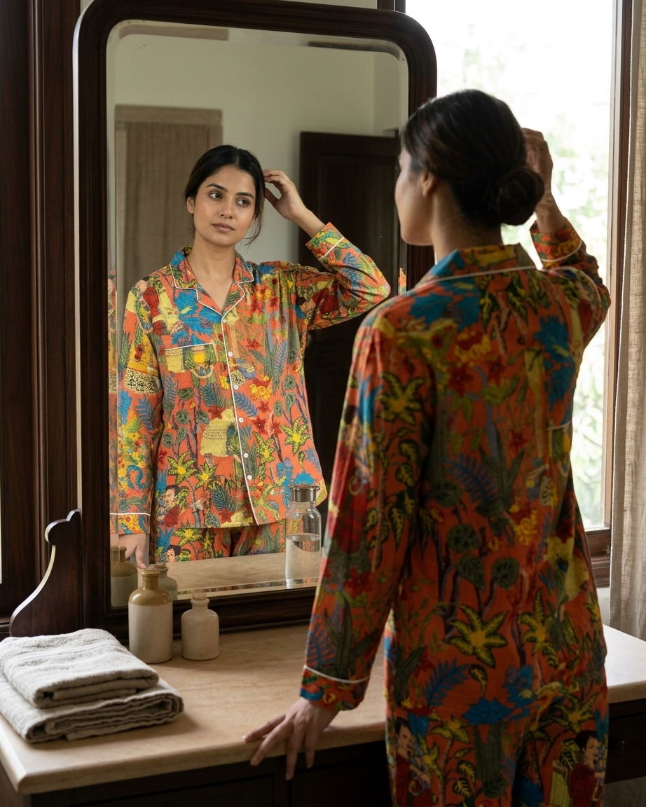 Orange Tropical Print Cotton Night Suit for Women