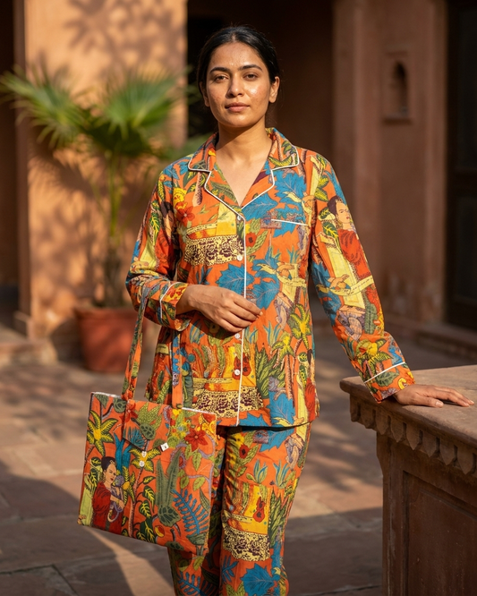 Orange Tropical Print Cotton Night Suit for Women