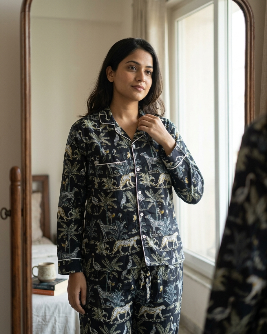 Black Jungle Print Cotton Night Suit for Women