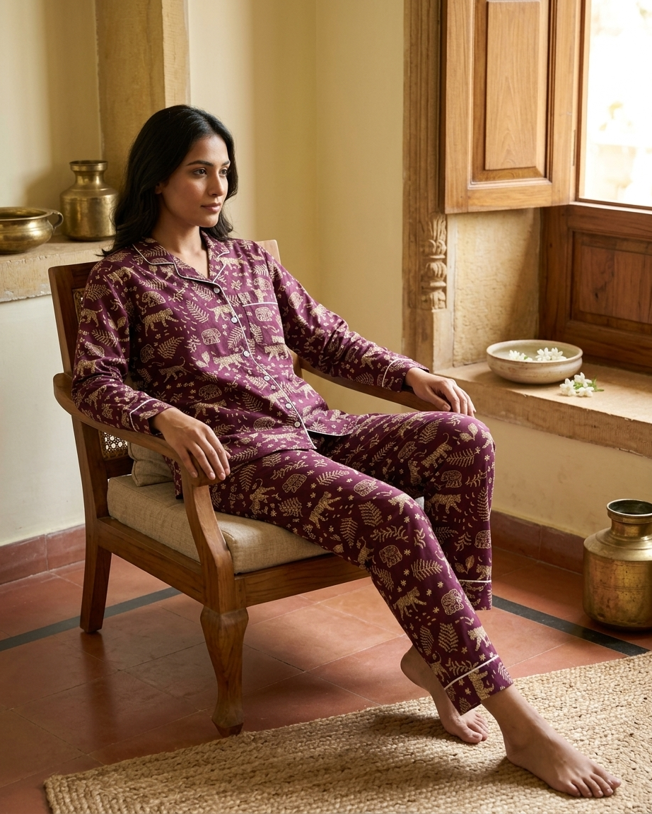 Wine Jungle Print Women's Cotton Night Suit