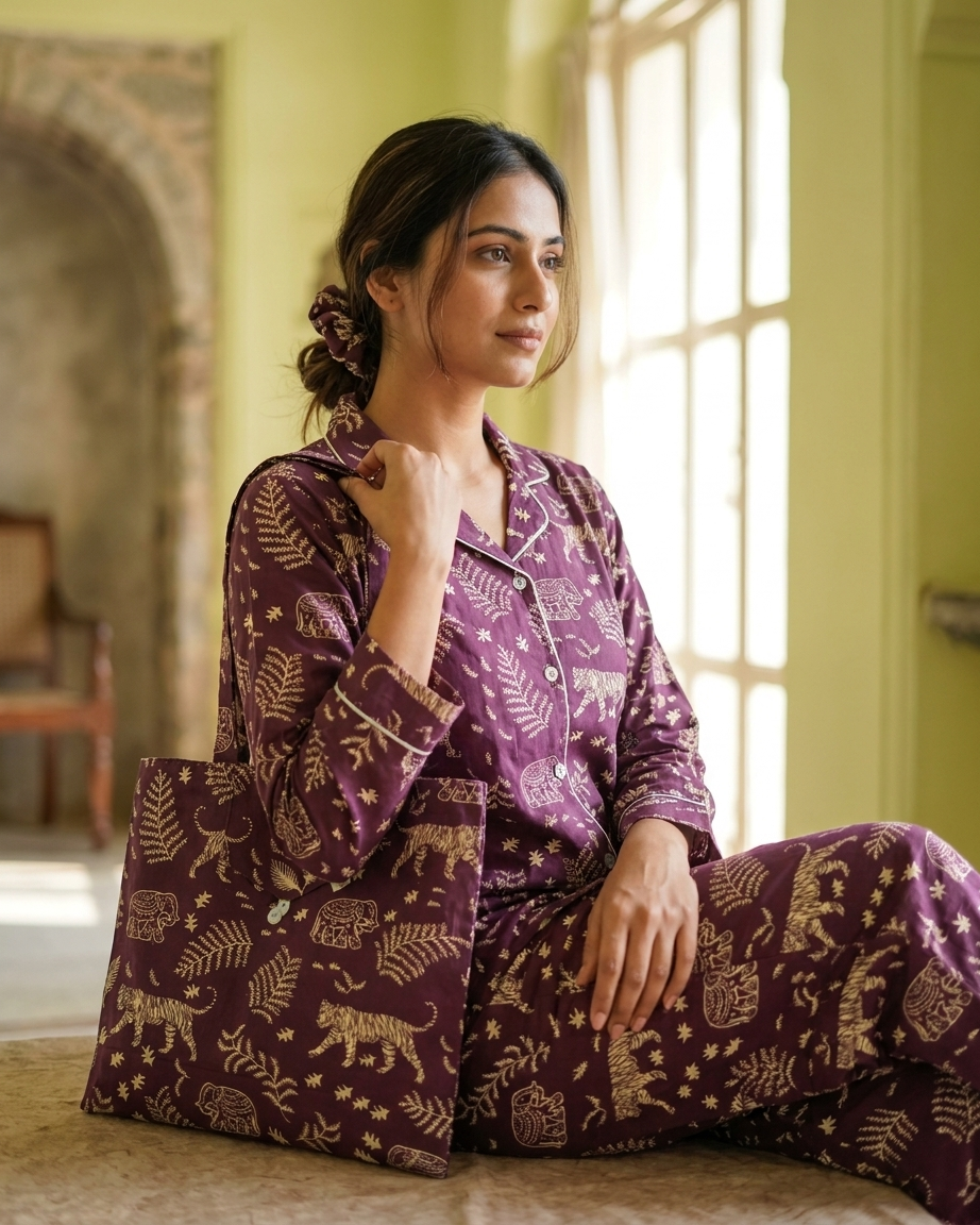 Wine Jungle Print Women's Cotton Night Suit