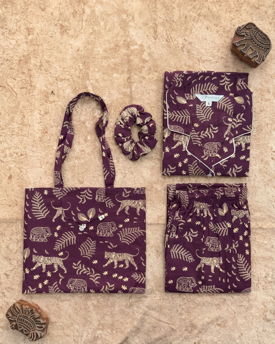 Wine Jungle Print Women's Cotton Night Suit