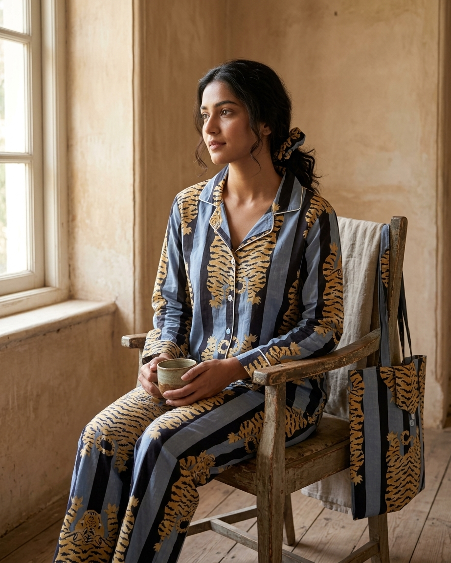 Grey Tiger Stripe Women's Cotton Night Suit
