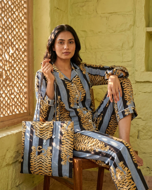 Grey Tiger Stripe Women's Cotton Night Suit