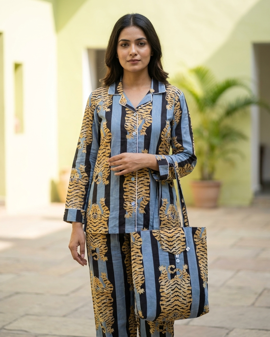 Grey Tiger Stripe Women's Cotton Night Suit