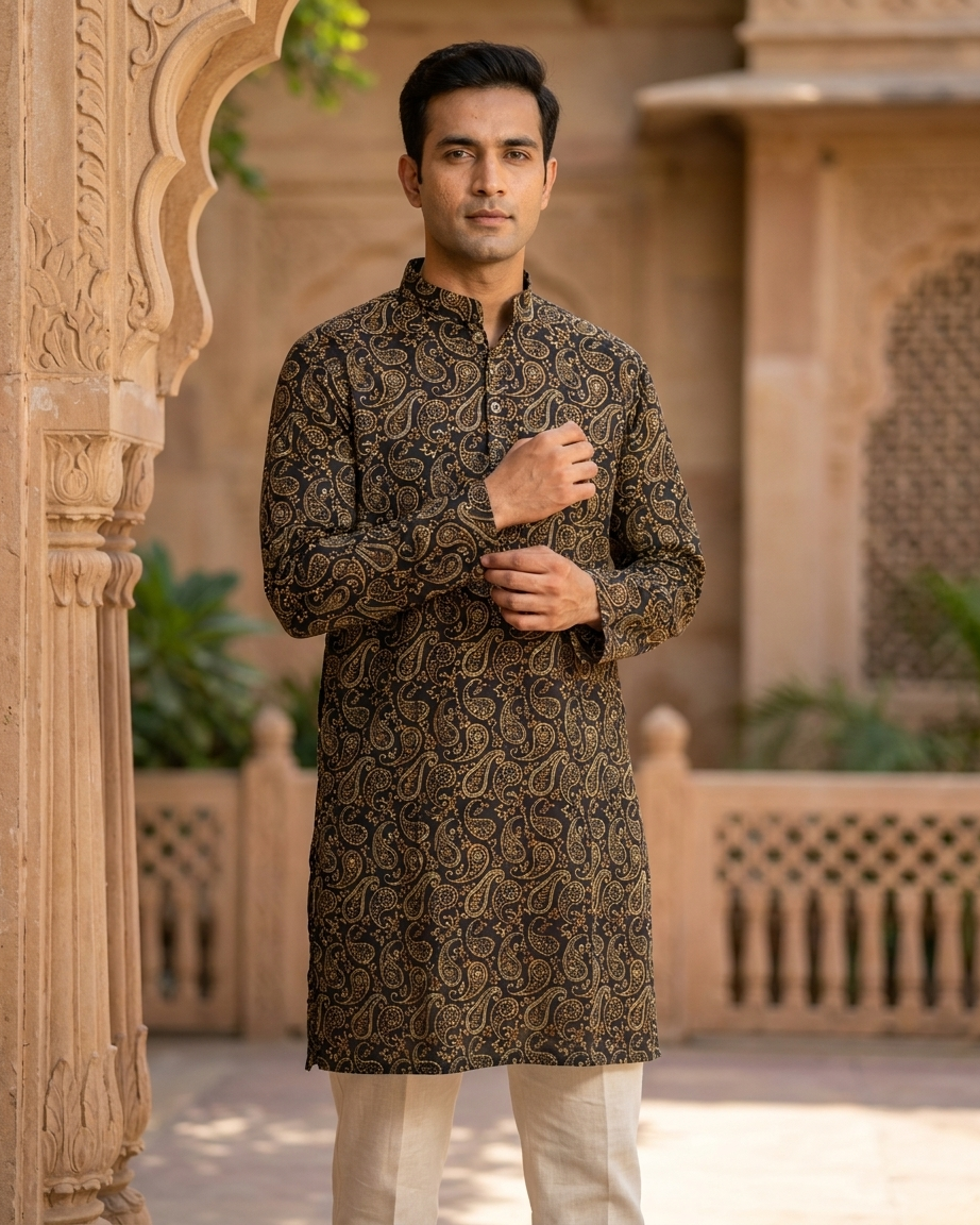 Black Beige Paisley Printed Men's Long Cotton Kurta