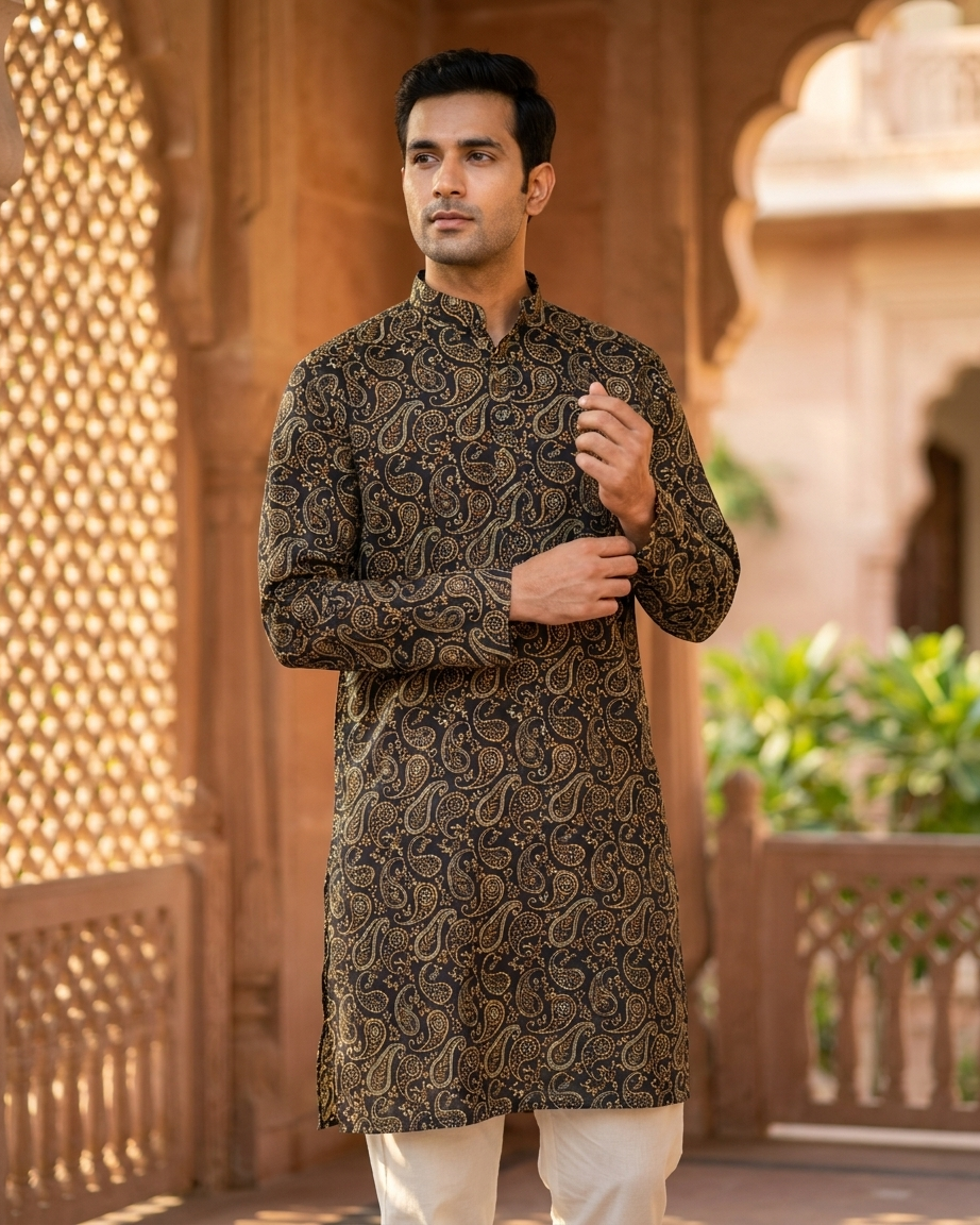 Black Beige Paisley Printed Men's Long Cotton Kurta