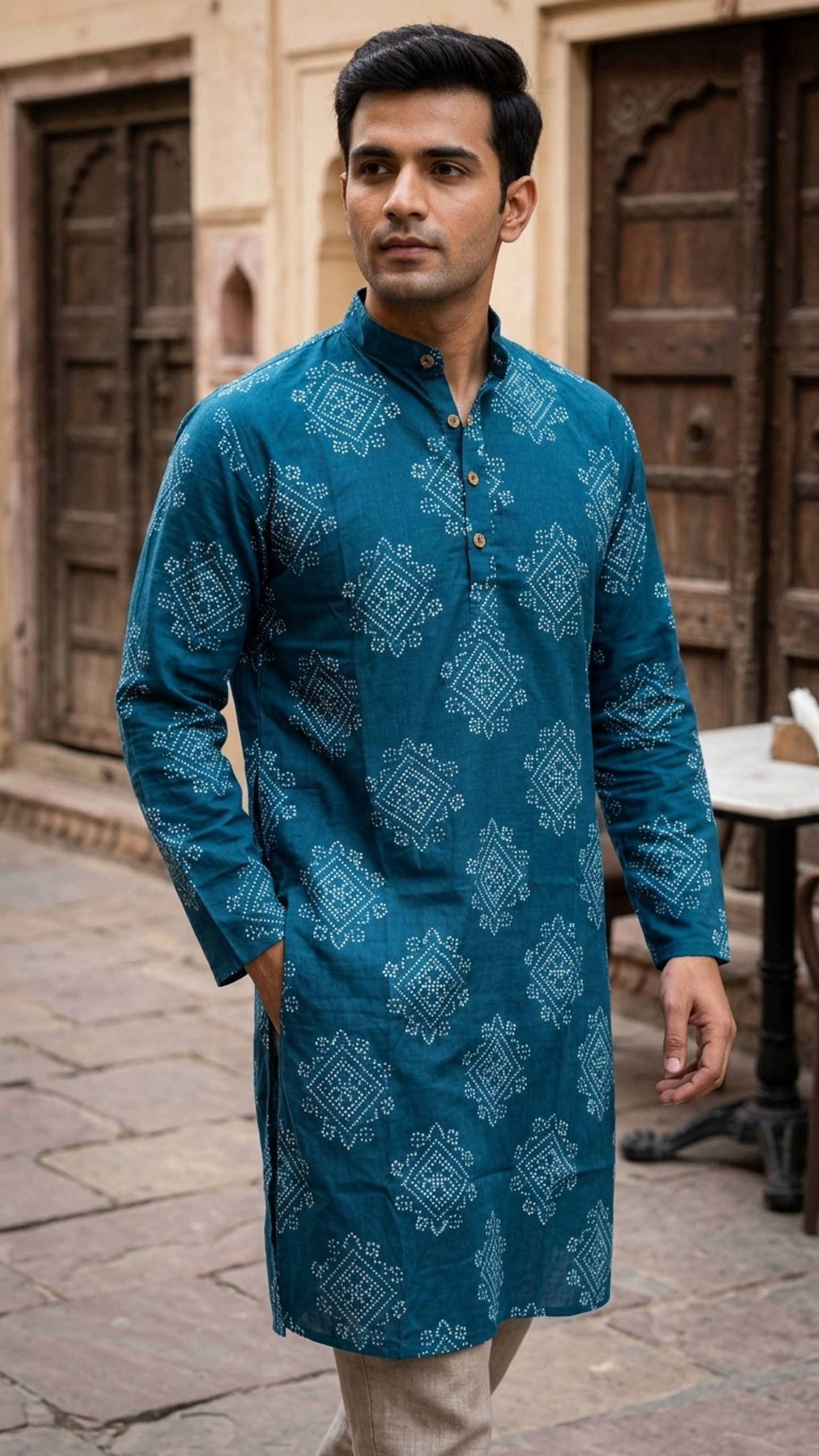Teal Blue Bandhani Printed Men's Full Sleeves Cotton Long Kurta